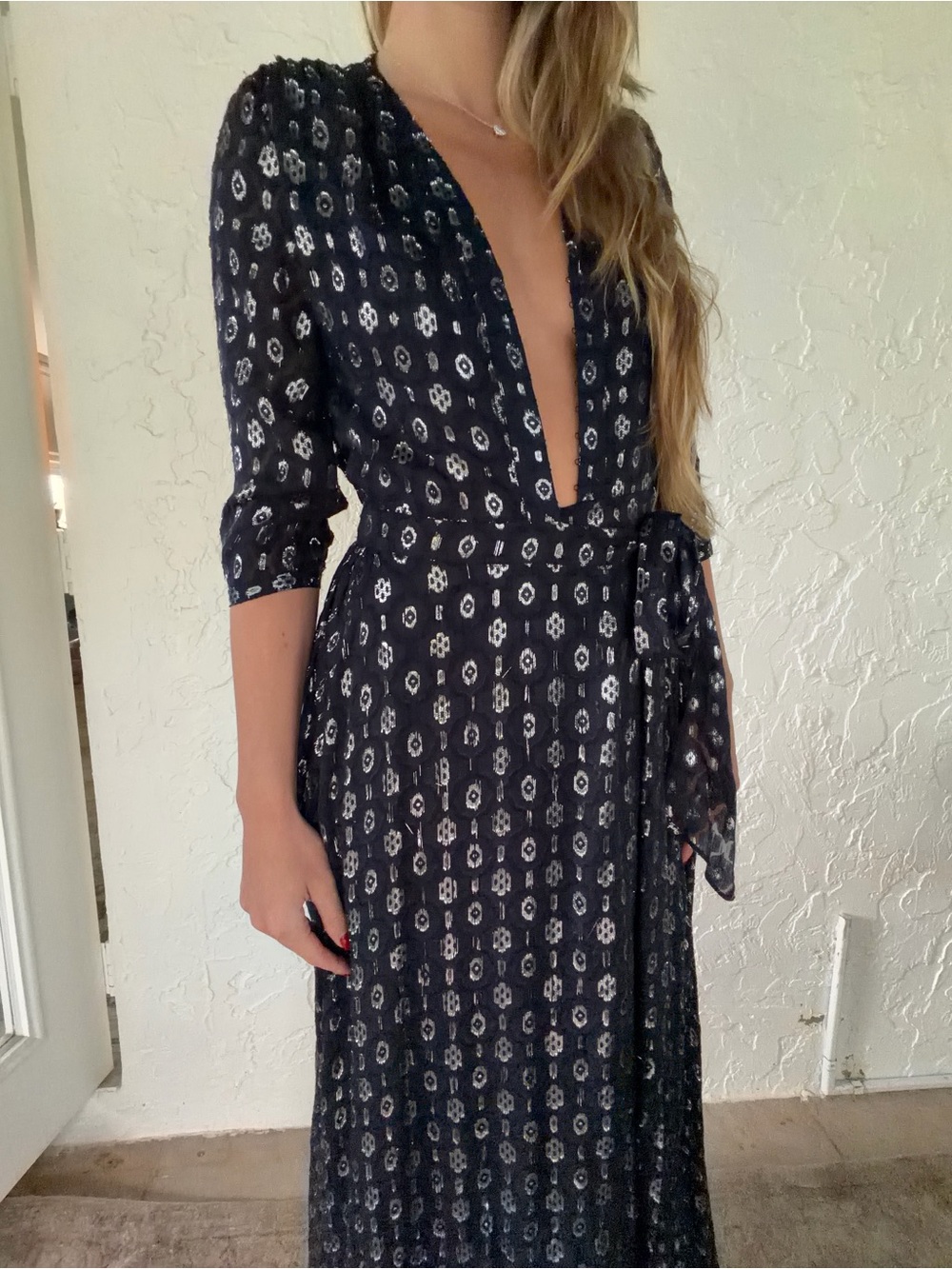 Scotch & Soda Navy Maxi Wrap Dress with Silver Geo Print